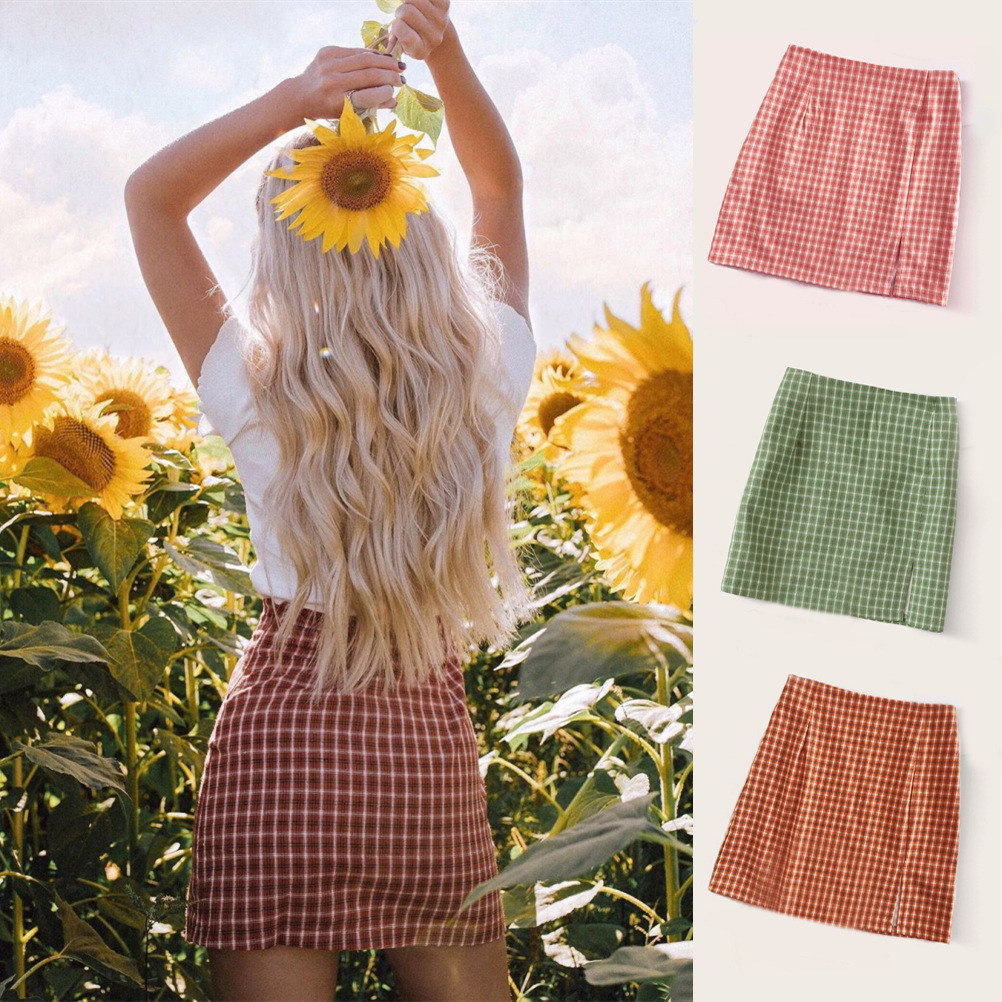 Plaid Slit Skirt European And American Fashion All-match High Waist