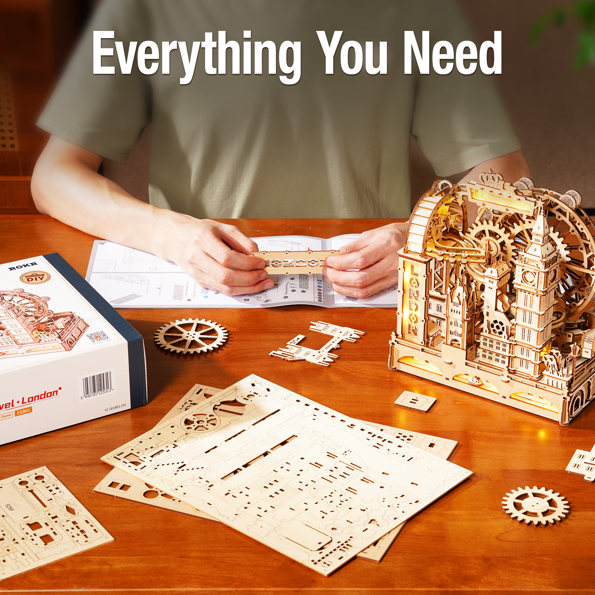 ROKR 3D Wooden Puzzle Marble Track - London City Model With LED Lights, 431-Piece Mechanical Building Set, Perfect For DIY Educational Engineering Art Gifts For Adults And Teens