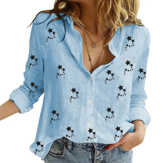 New Little Star Cotton Linen Print Shirt Women's Blue - Shop at LoveMi