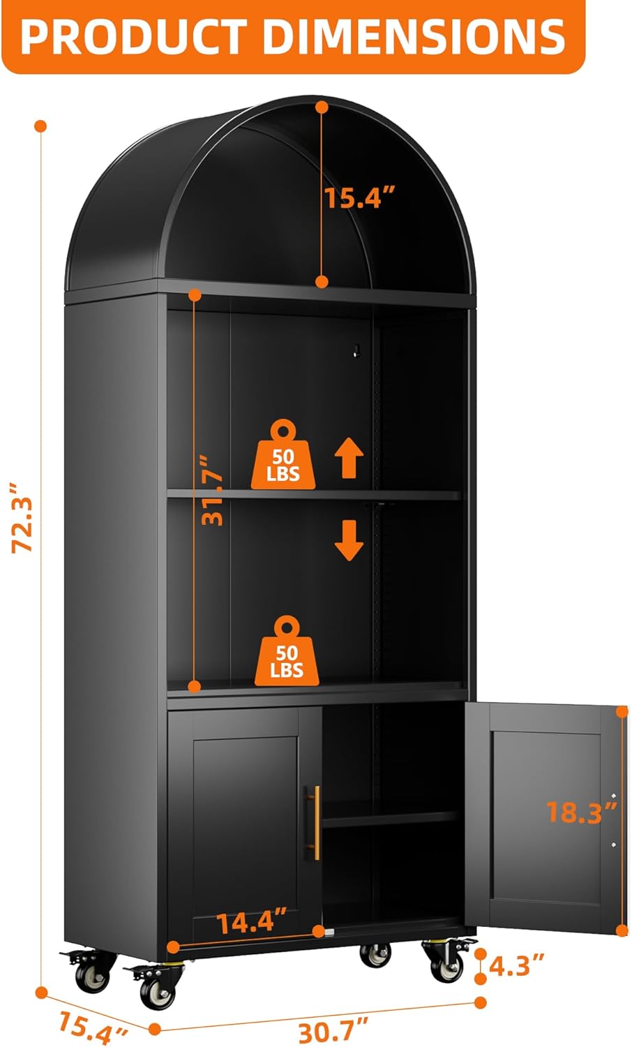 Modern Arched Metal Bookcase with Wheels – Freestanding Black Storage Shelf - Image 6