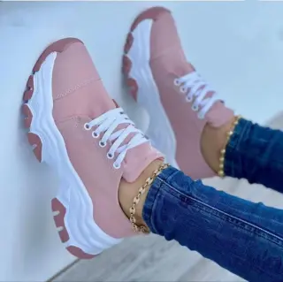 Platform Sport Flats Shoes Lace-up Sneaker Outdoor Walking Casual Shoes Women - Pink