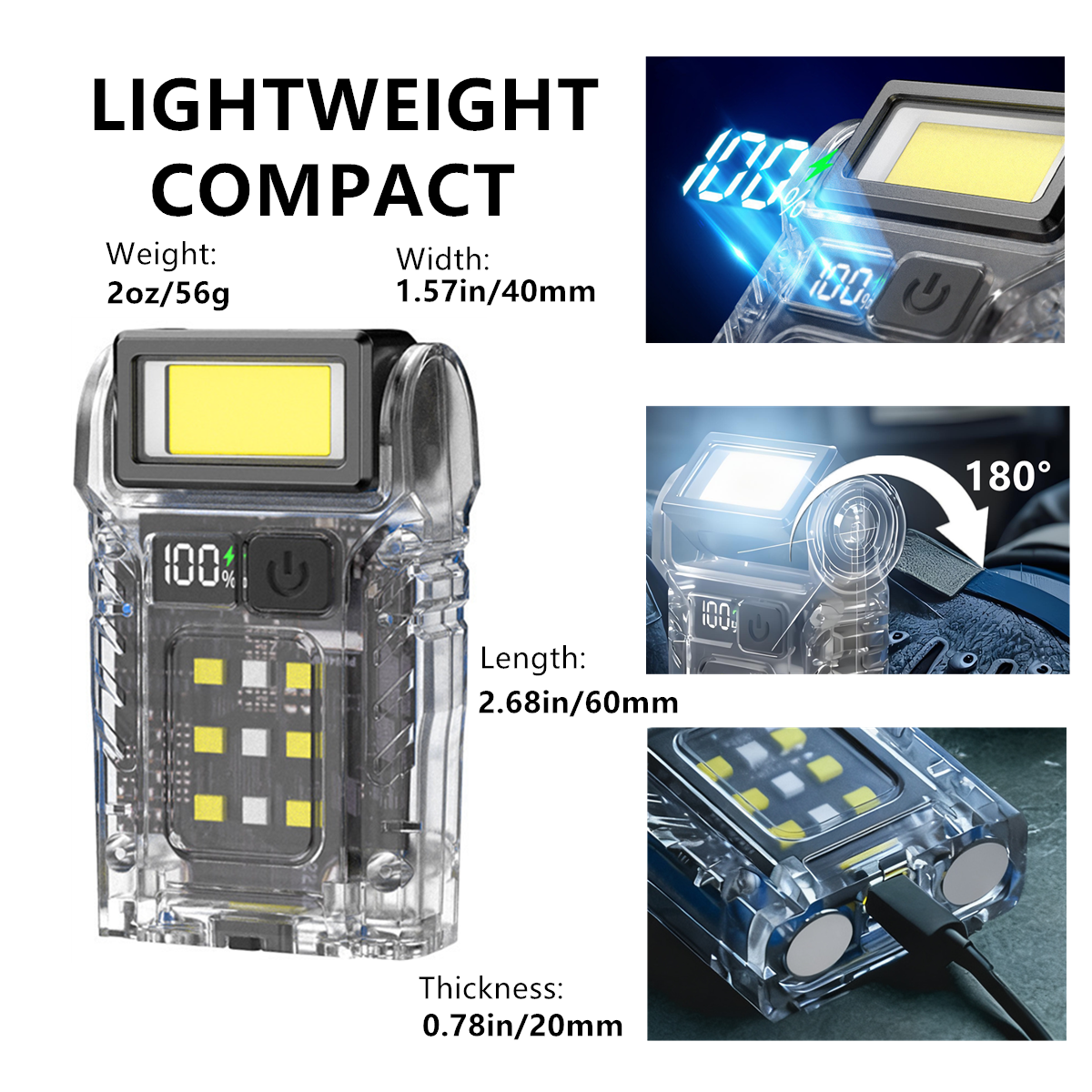 Mini Pocket LED Flashlight Magnetic USB Rechargeable Torch Work Light Belt-Clip