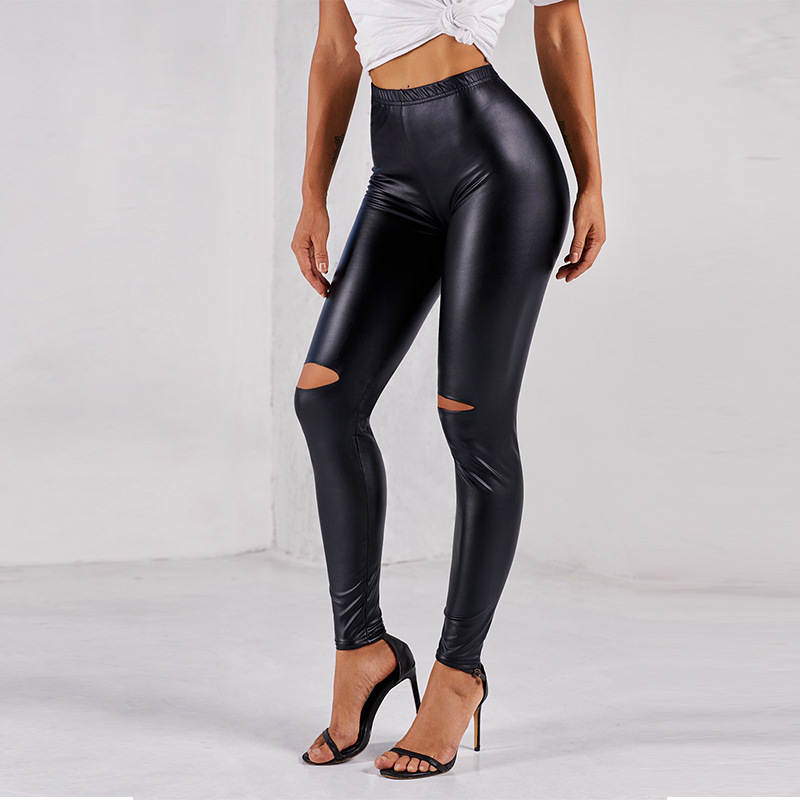 Tight Leather Pants Women High Waist Bright Color Sexy Ripped Leggings