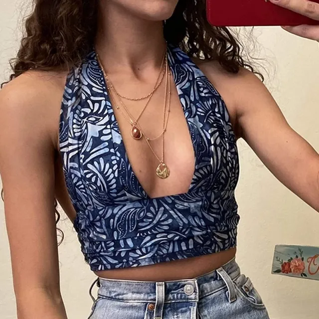 Women's Slim Fit V Neck Print Strap Tube Top Blue - Shop at LoveMi