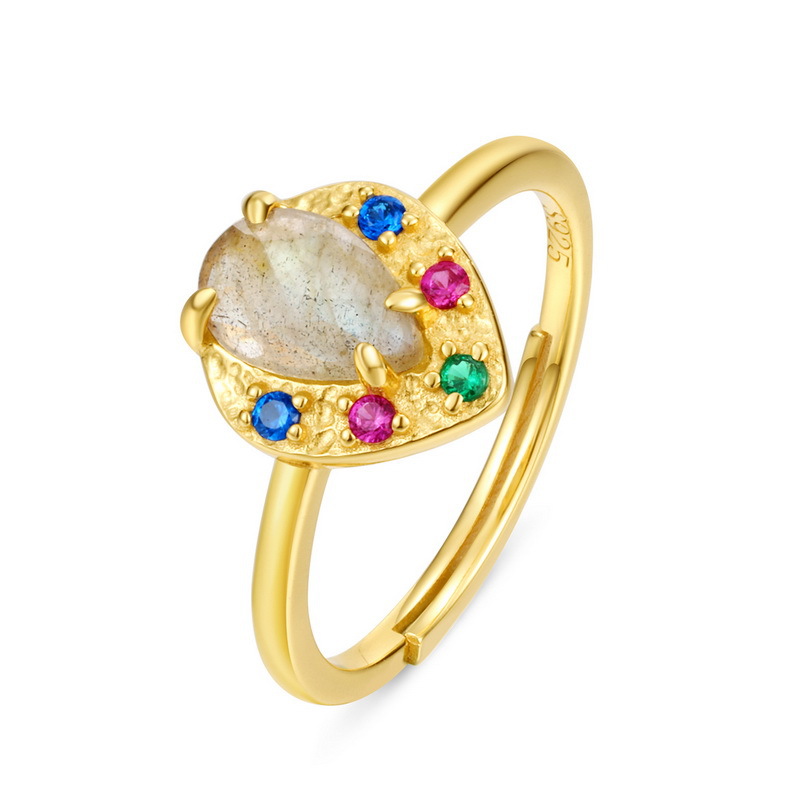 Sterling Silver Plated 9K Gold Natural Labradorite Color Zirconium  Ring