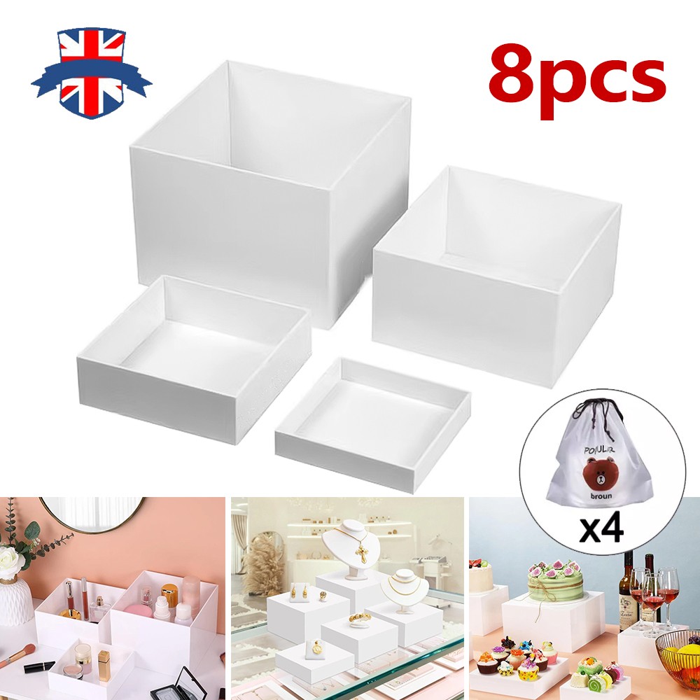 NEW 4pc 4pc Acrylic Cube Display Box Riser Nesting Riser Stands For Dessert Cake Uk