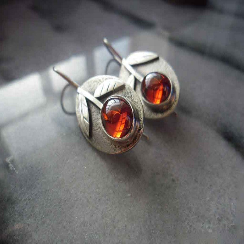 Carved Floral Green Leaf Earrings With Red Gemstones