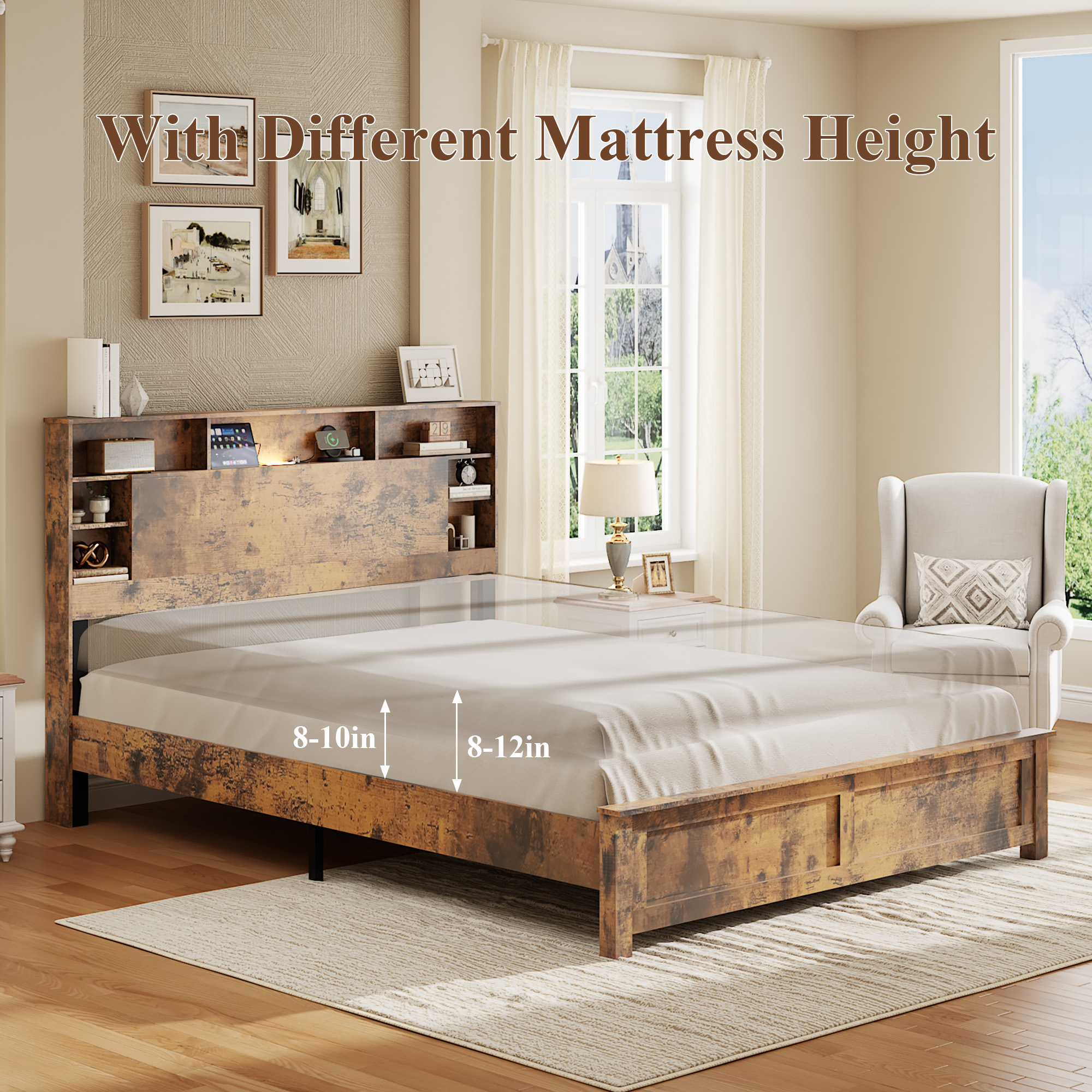 Full Wood Bed Frame With Bookcase Headboard, Charging Station & LED, Dark Brown — foto 7