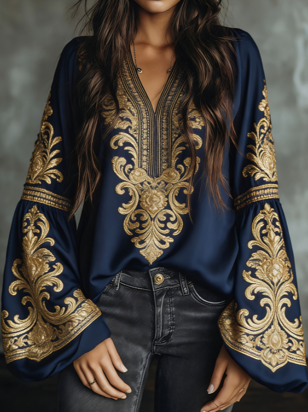 Ethnic Style Retro Embroidered Loose Long-sleeved Shirt