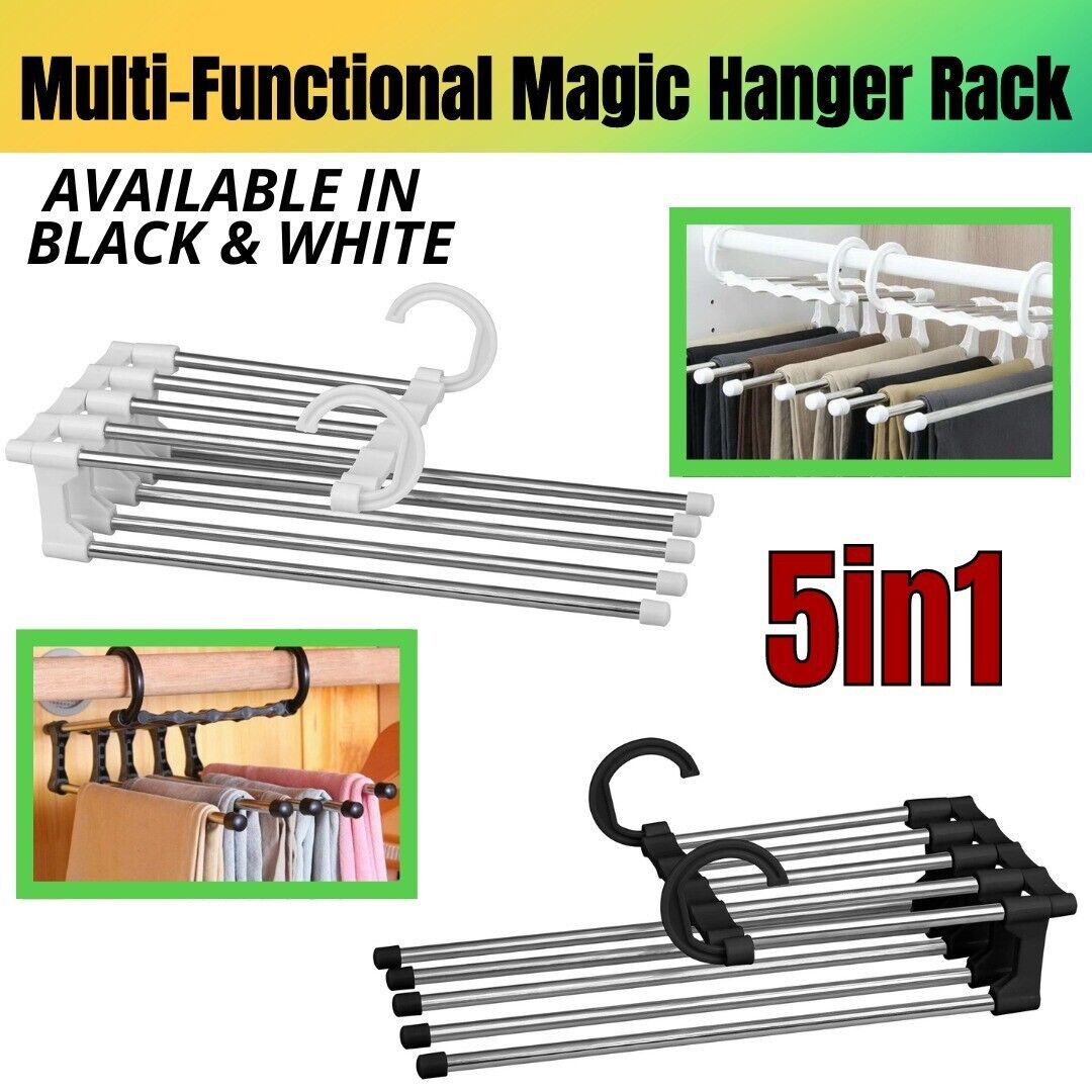 Magic Metal Hanger Closet Space Saver Organizer shipping inside the US USPS First Class Package handling 2 Day Handling 2-5 Day Shipping 5 in1 Multi-functional Pants Rack Shelves Stainless Steel Wardrobe Magic Hanger by KT Deals RANDOM COLOR WHITE/BLACK S