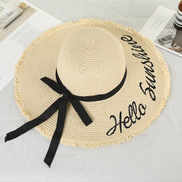 Women Lace Up Large Brim Straw Hat Beach Caps Beige - Shop at LoveMi
