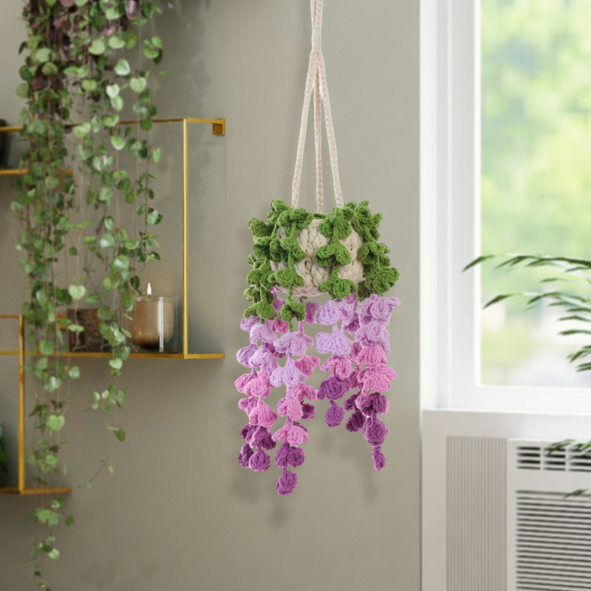 Handmade Crochet Hanging Wisteria Potted Ornament Everlasting Soft Yarn Crochet Blossom Indoor Home Hanging Decor