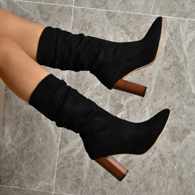Pointed Toe High Block Heels Boots Woman Winter Warm Mid calf Suede Long Boots New Fashion Trendy Solid Shoes For Party Lady Black - Shop at LoveMi