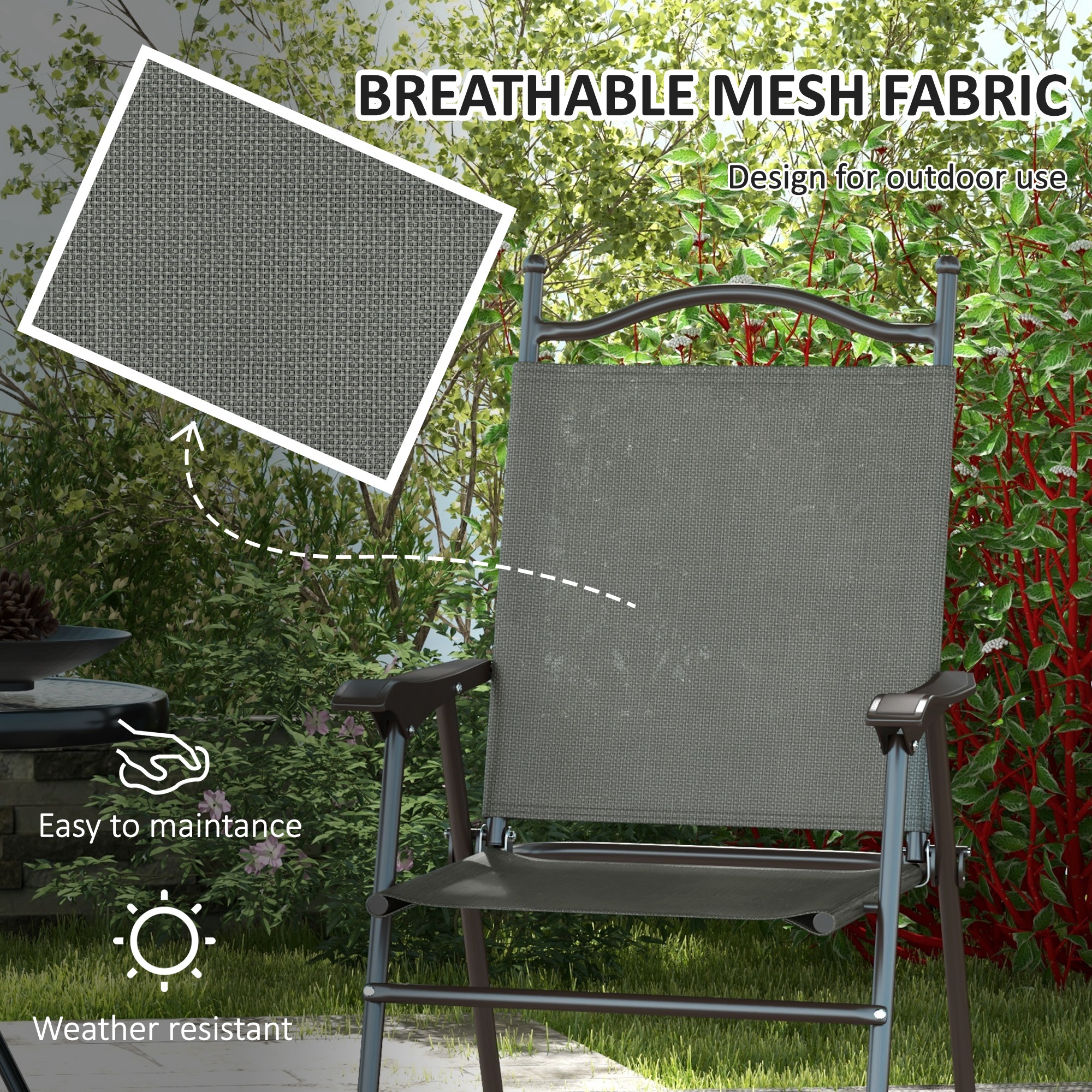 Two Foldable Garden Chair Sets, Mesh Seats-Dark Gray