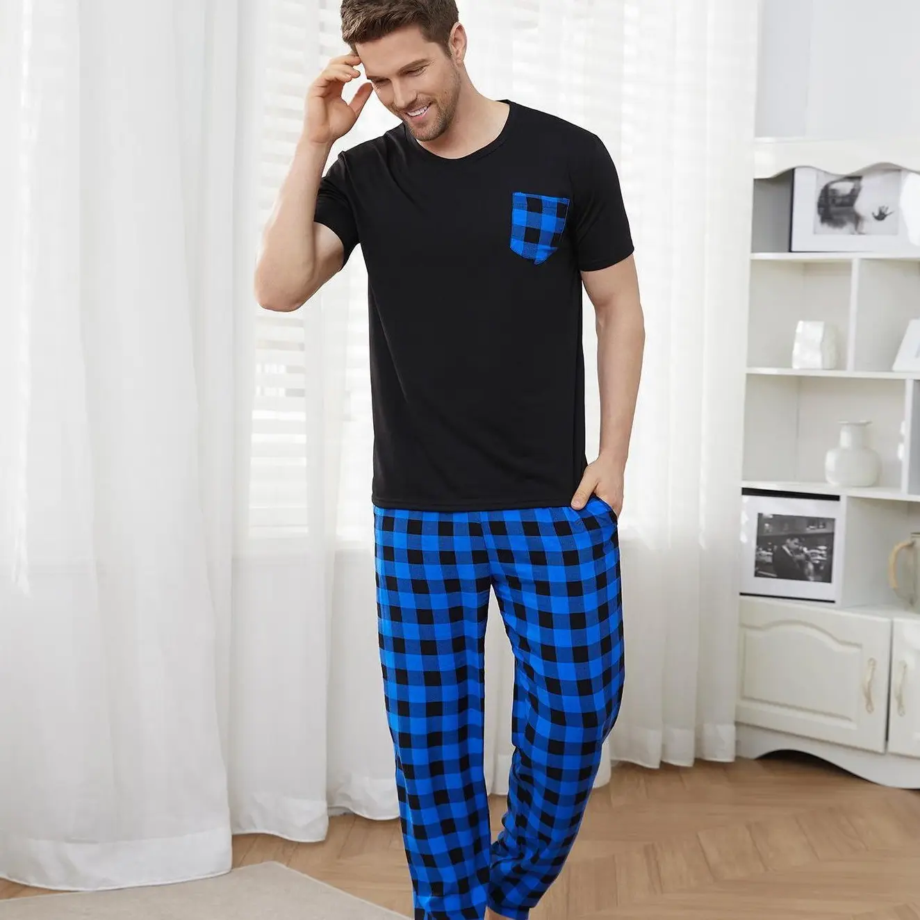 Men's Pajamas Set Short-sleeved Long Pants Home