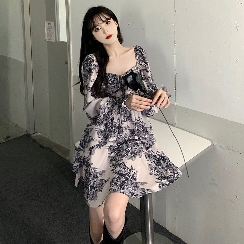 French Retro Long-sleeved Design Small Floral Fairy Dress