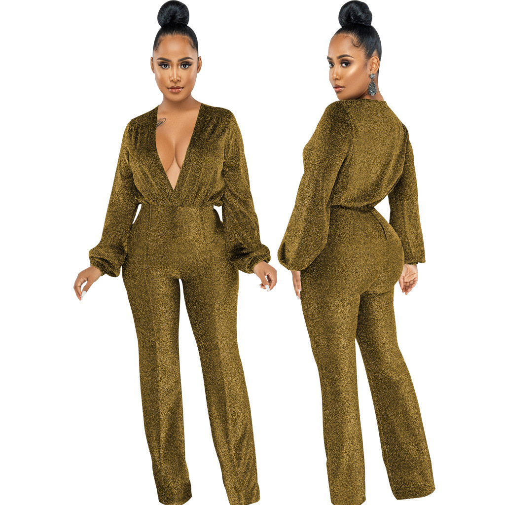 Women's Velvet Solid Color Long Sleeve V-neck Jumpsuit - Image 6
