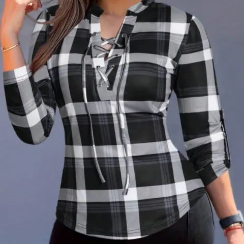 Women's Plaid Notch Neck Criss Cross Tie Short Sleeve