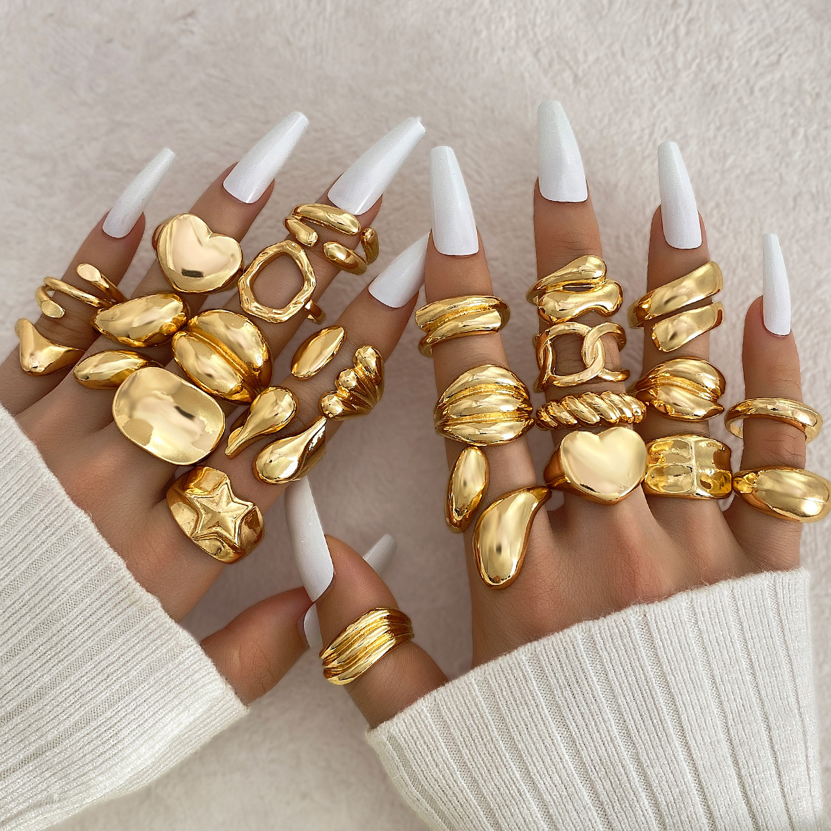 2Pcs Gold Rings, Cross-border Geometric Alloy Lava Line Rings, Irregular Polished Open Band Rings