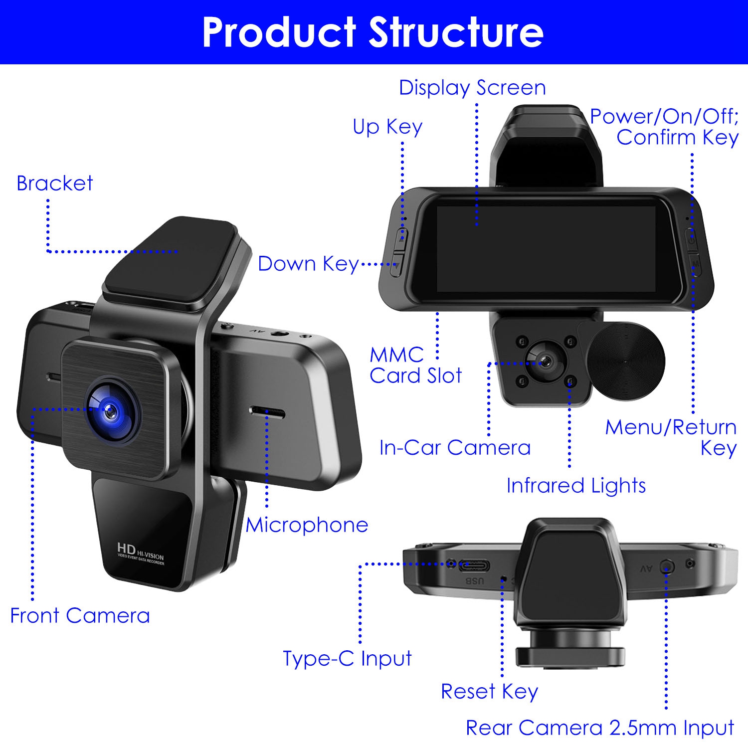 1080P FHD 3 Channel WiFi Dash Cam 170 Degree Wide Angle Triple Car Camera With IR Night G Sensor Motion Detection Loop Recording App Control Support 128G Max