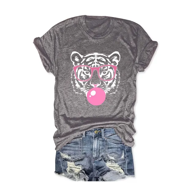 Women's Tiger With Glasses Blow Bubbles Print Round Neck T Shirt Summer Casual Tee Gray - Shop at LoveMi