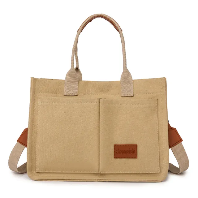 New Canvas Shoulder Bag Women Large Capacity Multi pocket Handbags Casual Crossbody Shopper Bags For Students Khaki - Shop at LoveMi