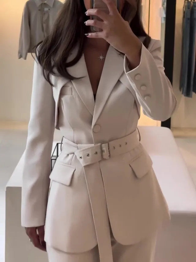 Elegant Solid Color Belted Blazer & High Waist Pants Set Beige - Shop at LoveMi