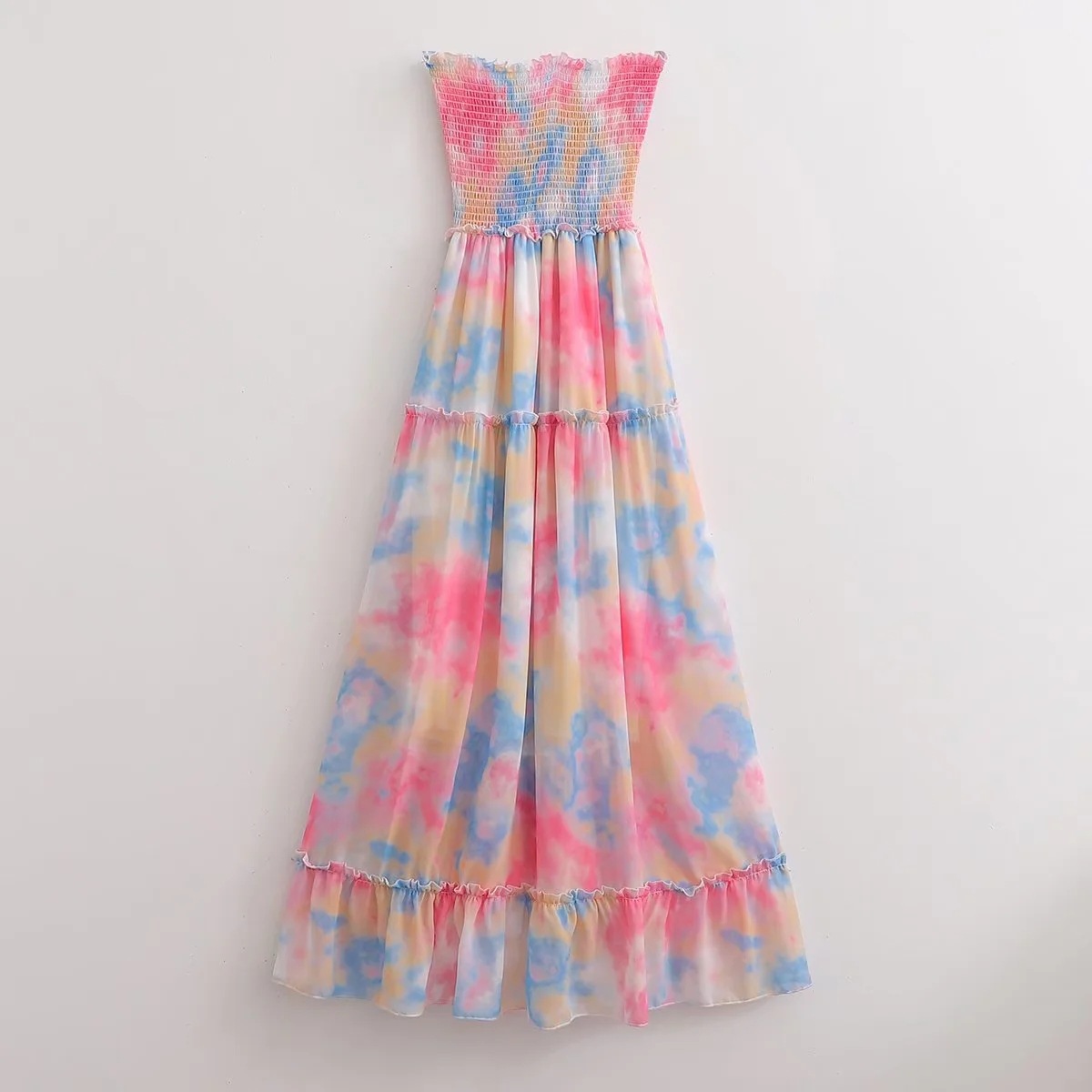 Ins Chest-wrapped Irregular Tie-dyed Large Swing Dress Summer New European And American Fashion Elastic Slimming Dress