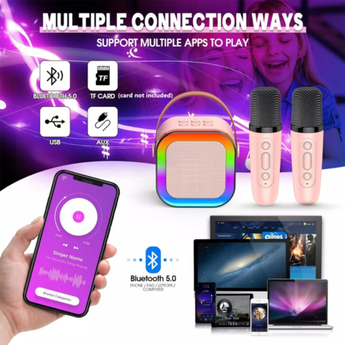 Portable Kids Mini Karaoke Machine Bluetooth Speaker With 2 Wireless Microphones For Boys Girls Home Party Birthday Gifts