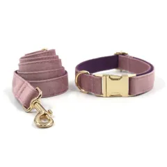Creamy Coffee Velvet Dog Collar And Leash Set - Gold - View 1