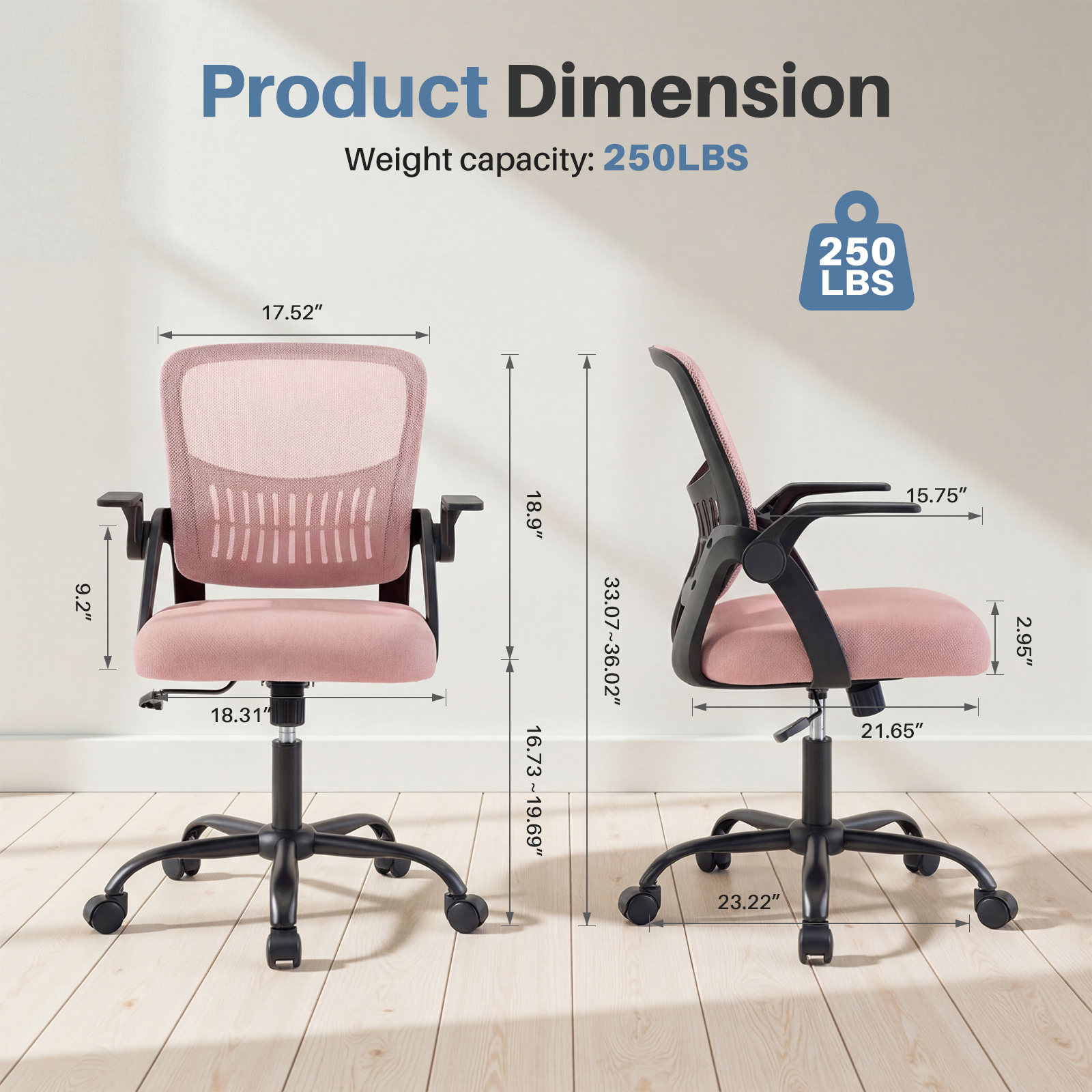 The Flip-up Armrest Fabric Computer Desk Chair With Adjustable Rotating Backrest Offers Comfortable Lumbar Support.