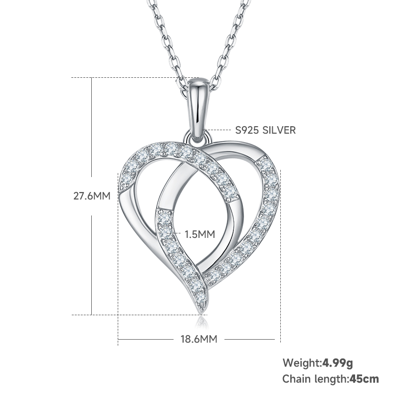4.9g S925 Sterling Silver Moissanite Heart Necklace 45cm 27 Stone Intertwined Hearts Pendant With GRA Certificate, Platinum Plated Jewelry Gift Box Set For Women