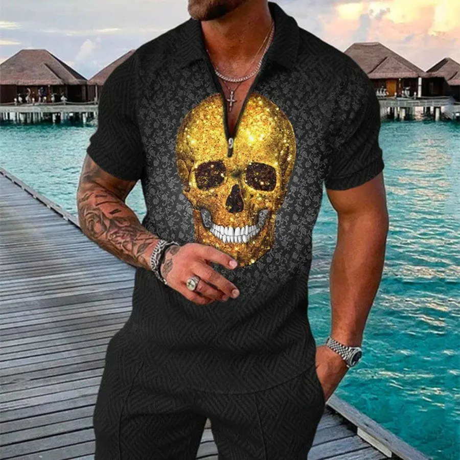 Men's Summer Fashion 3D Printed Short Sleeve Geometric Zip