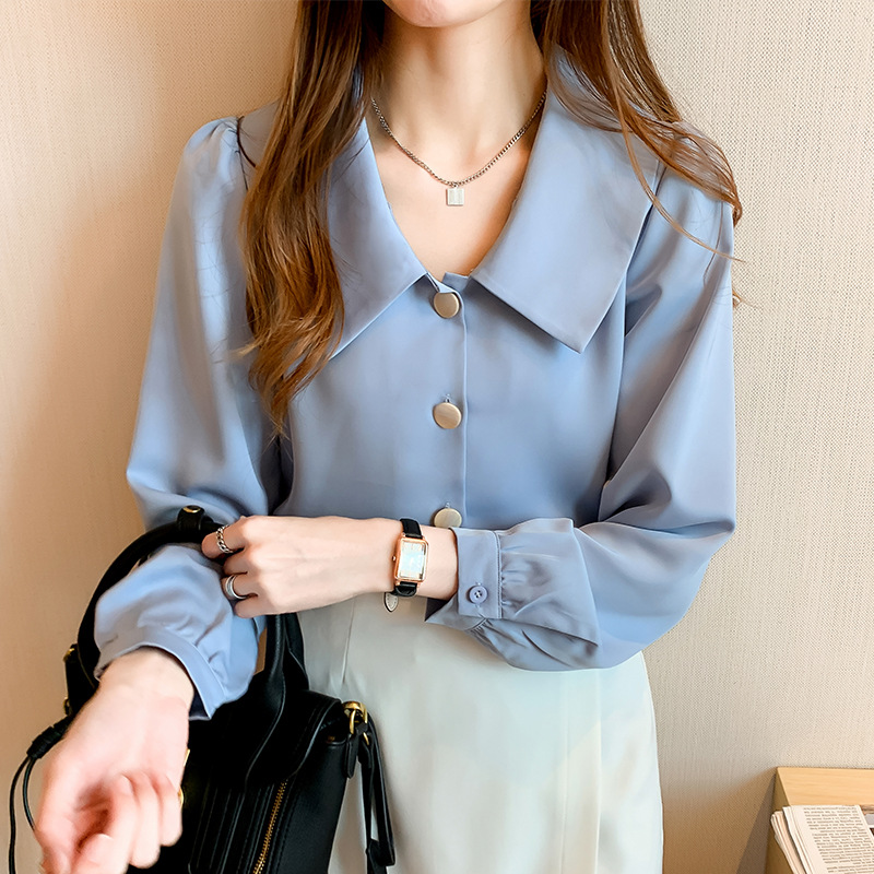 French Retro Women's Loose V Neck Single Breasted Shirt