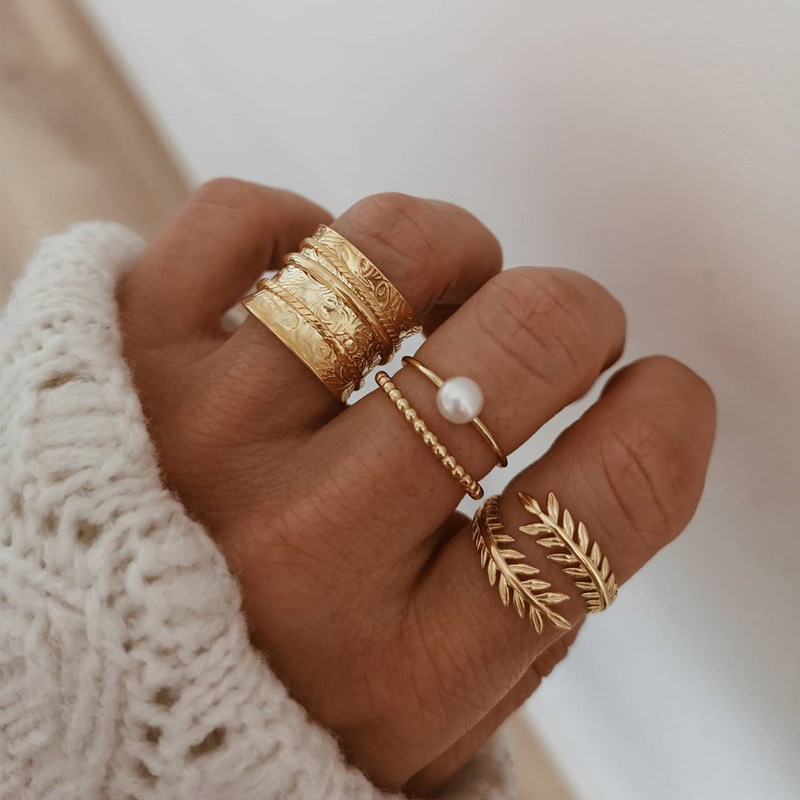 Fashion Gold-plated Leaf Pearl Ring Set, Ladies Street Shooting All-match Ring