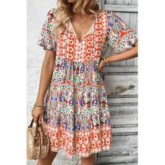 Women Casual Summer Dress Boho Drawstring V Neck Short Sleeve Floral Print Flowy Beach Dress - Orange - View 1