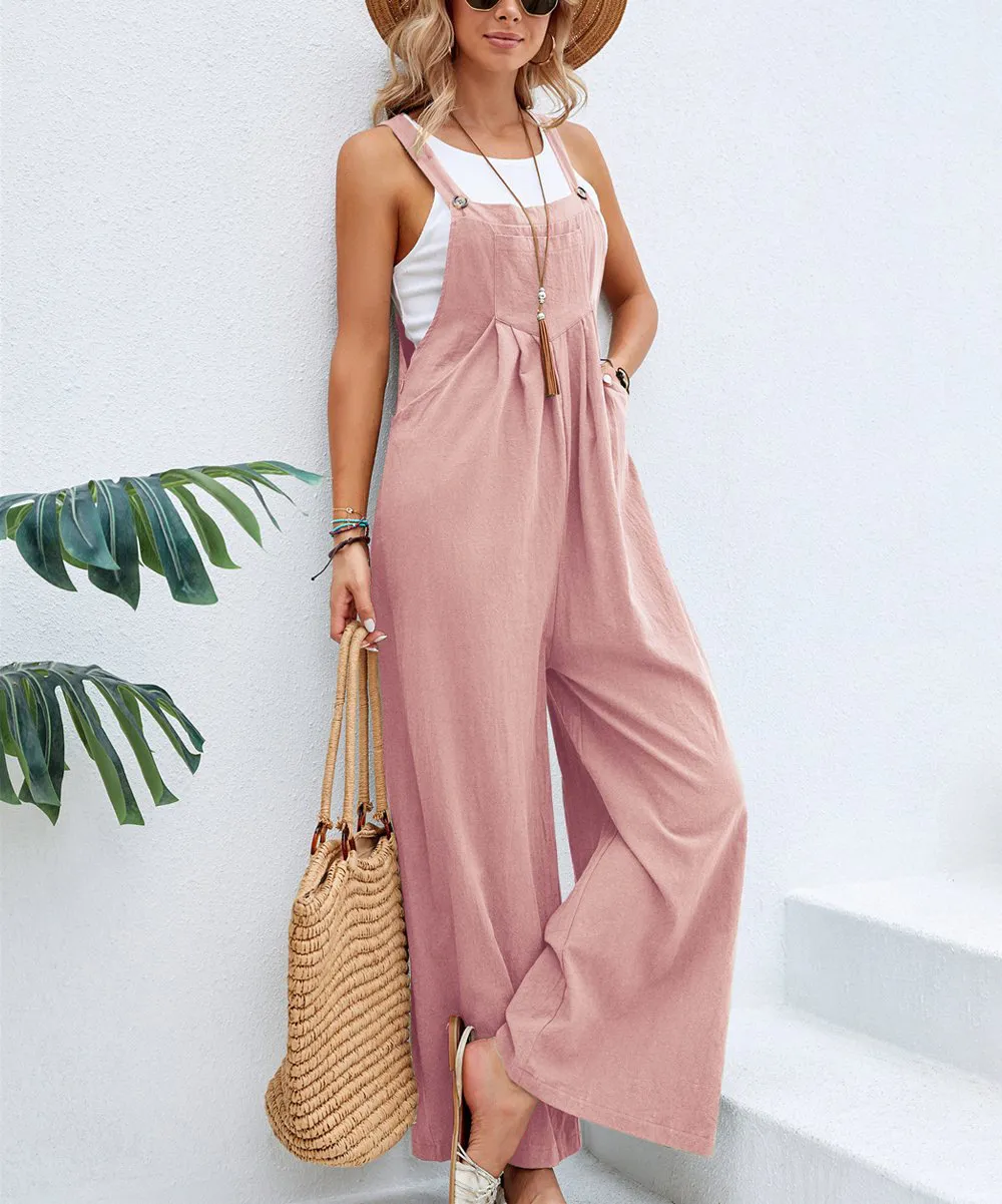 Women Long Bib Pants Overalls Casual Loose Rompers Jumpsuits With Pockets - Pink