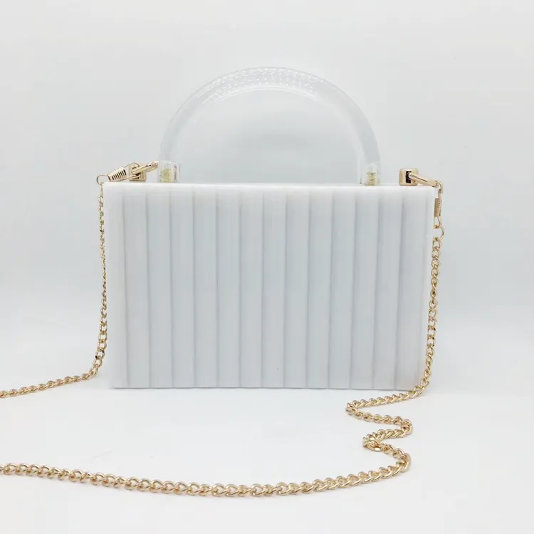 Acrylic Clutch Transparent Handle Vertical Pattern Evening Chain Small Square Bag - White
