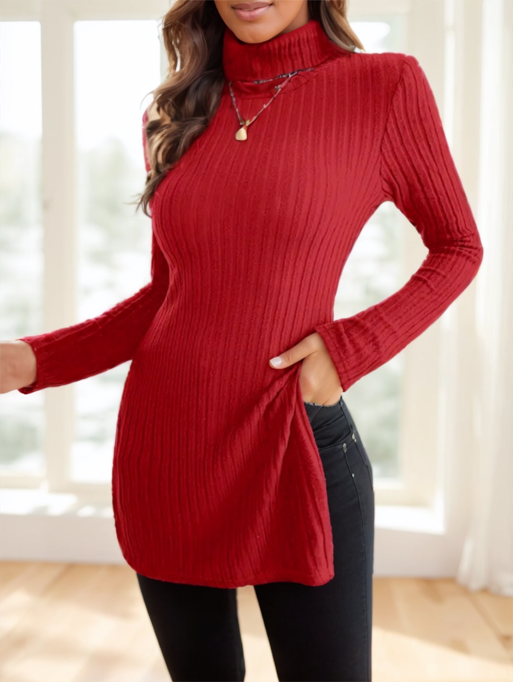 Women's Elegant High-Neck Ribbed Sweater
