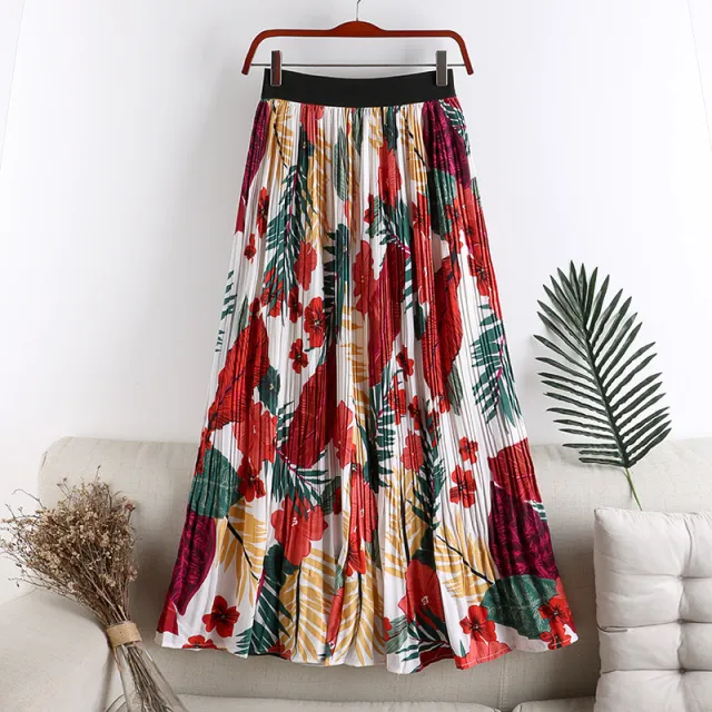 Floral Floral Skirt Female High Waist Slimming A line Chiffon Printed Pleated Skirt Mid length White - Shop at LoveMi