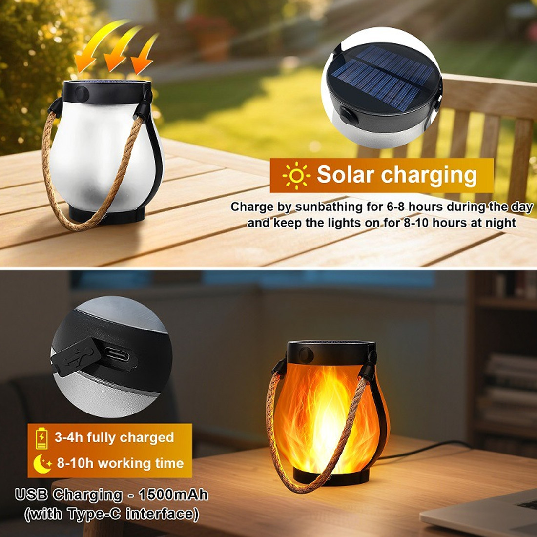 Solar And USB-Rechargeable Flame-Effect Hemp Rope Lantern For Garden Parties — image 3