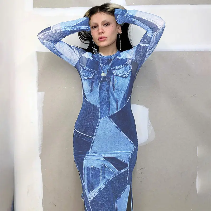 Women's Fashion Casual Denim Printing Round Neck Long Sleeve Slim Dress