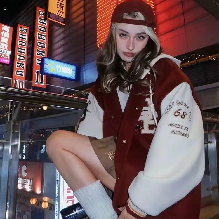 American Retro Baseball Uniform Slouchy Hooded Jacket