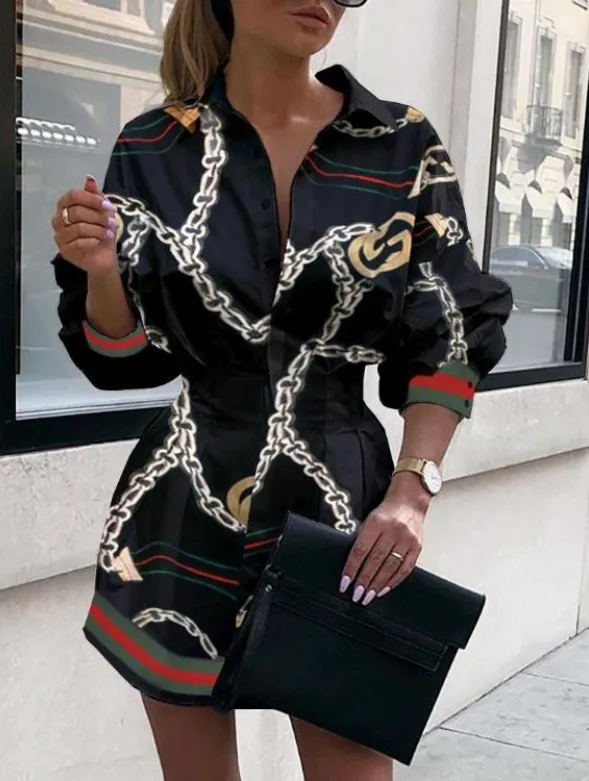 Fashion Print Waist Shirt Lantern Sleeve Shirt Women Black - Shop at LoveMi