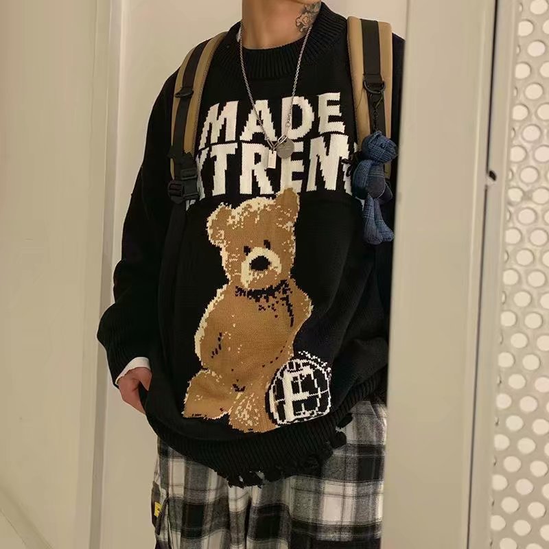 Letter Bear Loose Men And Women Couple Knit Sweater