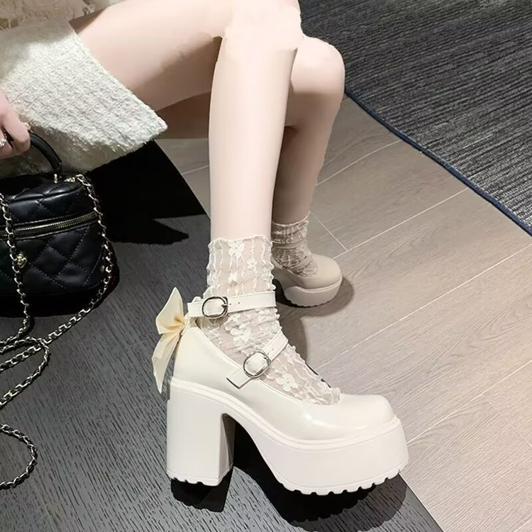 2025 Summer New Women's White High Heels Platform Mary Jane Shoes With Bow