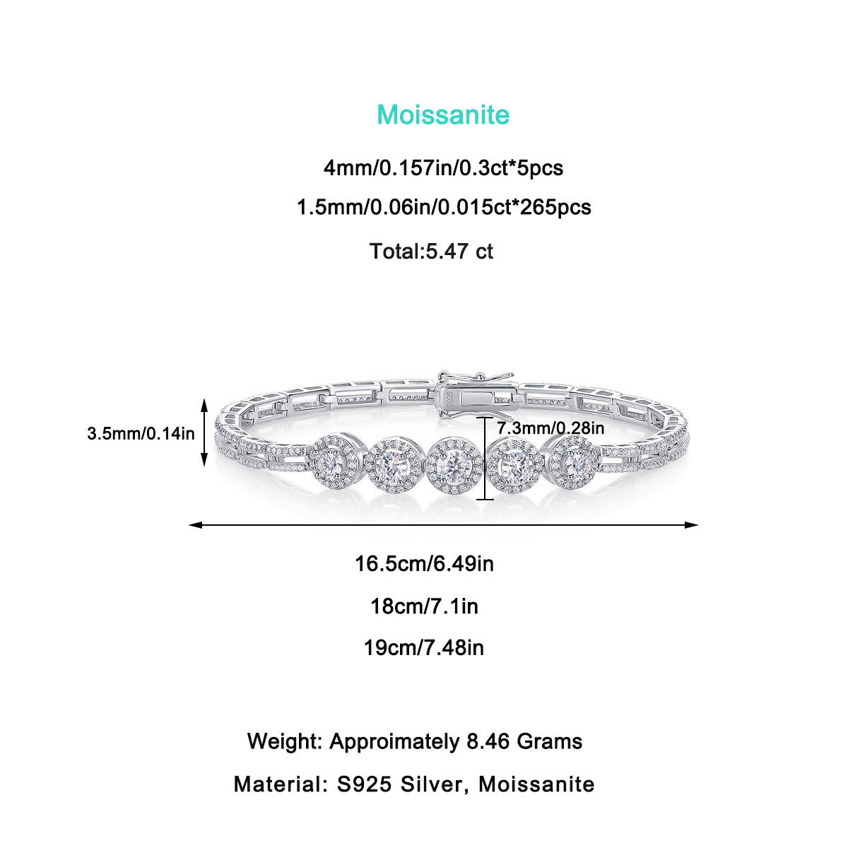 0.3-carat Luxury And Fashionable Light Luxury Trend Jewelry Silver Bracelet Set With Top-quality Moissanite, S925 Silver Electroplated Platinum