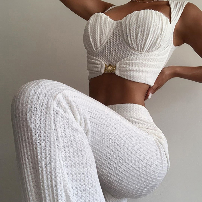 Slim Vest High Waist Bag Hip Wide Leg Pants Casual Suit - 5