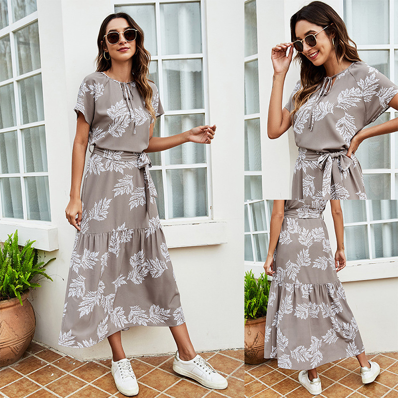 Summer Drawstring Round Neck Short-Sleeved Women's Lace-Up Waist Dress