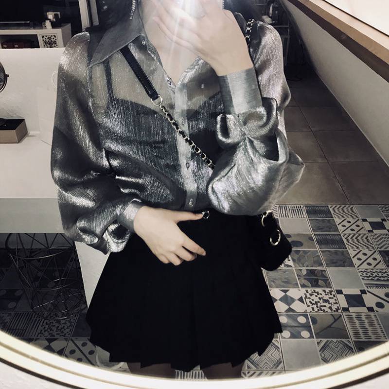 Silver Gray See-through Loose Sunscreen Thin Shirt Long-sleeved Cardigan Top